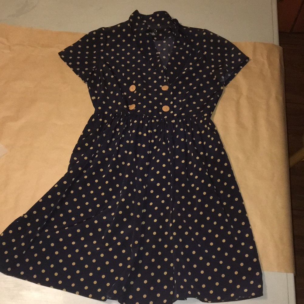 Navy blue and tan polka dot/buttons dress